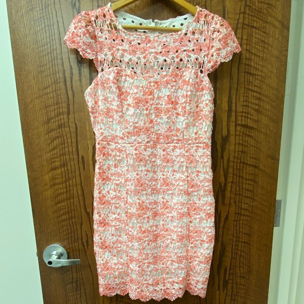 Nikibiki coral and white lace overlay midi sheath dress